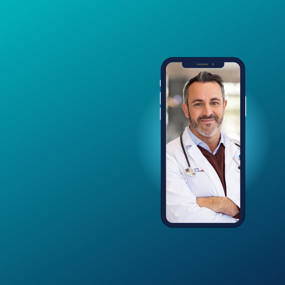 Virtual ER physician displayed on a smartphone, ready for a telemedicine consultation